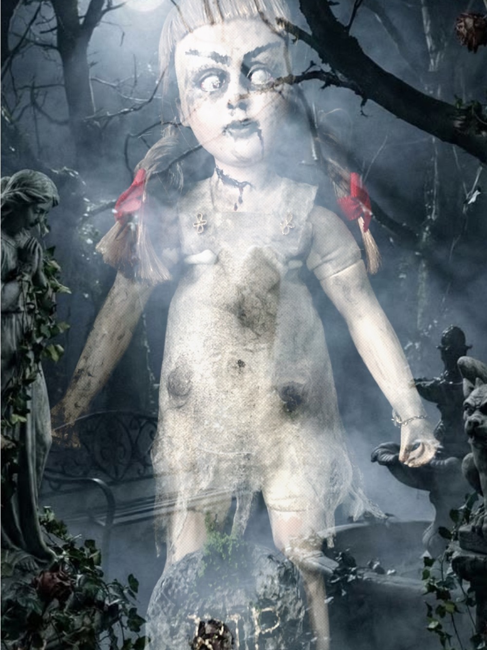 Eerie Mixed Media Haunted Doll Wall Art in White with Red Accents